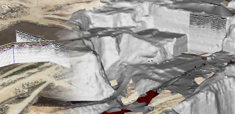 Integration of ground penetrating radar (GPR) Panels, with one panel projected onto a 3D lidar model (courtesy Carbonate Geomodels, IRIS/University of Bergen).