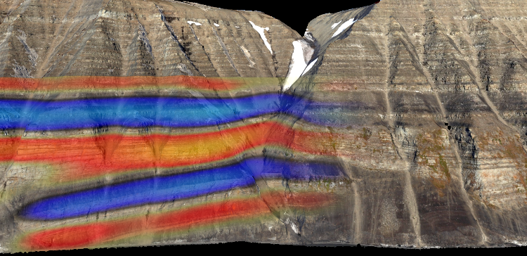 Synthetic seismic image generated from orthorectified Panel projection and draped back on the 3D outcrop model (Anell et al., 2016).