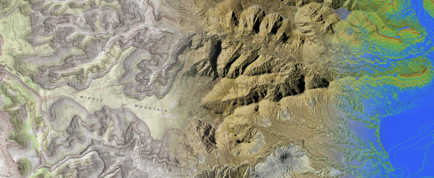 Georeferenced image overlays (map, satellite image) blended with DEM dip data.